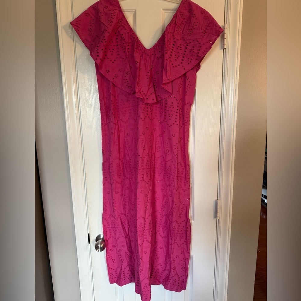 NWT Tuckernuck Fuchsia Pink Eyelet Ruffle Midi Dress size XS - Picture 2 of 10